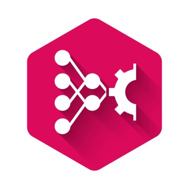 Beyaz Sinir Ağı simgesi uzun gölge arkaplanı ile izole edildi. Yapay zeka yapay zekası. Pembe altıgen düğmesi. Vektör