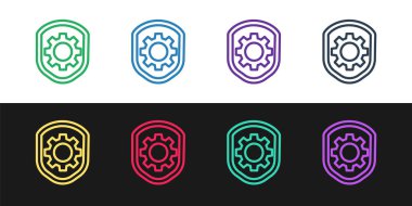 Satır Kalkanı 'nı ayarlama teçhizatı simgesiyle siyah ve beyaz arkaplanda izole et. Ayarlama, servis, bakım, onarım, onarım. Vektör İllüstrasyonu.