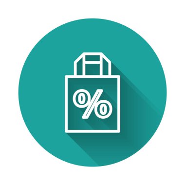 White line Shoping bag with an inscription percent discount icon isolated with long shadow. Handbag sign. Green circle button. Vector Illustration.