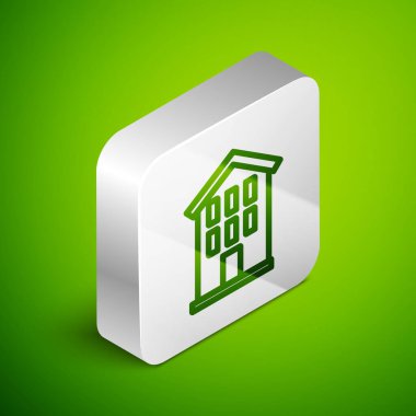 Isometric hat House simgesi yeşil arka planda izole edildi. Ev sembolü. Gümüş kare düğme. Vektör.