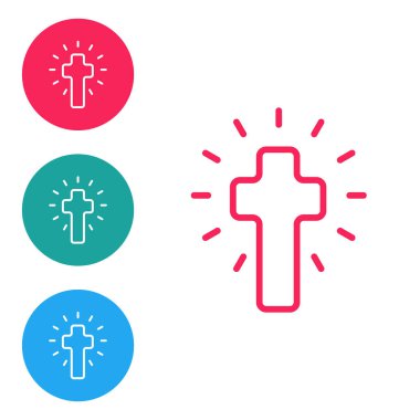 Kırmızı çizgi Hıristiyan çapraz simgesi beyaz arka planda izole edildi. Kilise haçı. Simgeleri daire düğmelerine ayır. Vektör.