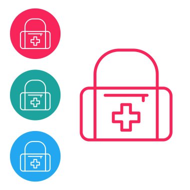 Kırmızı çizgi ilk yardım çantası simgesi beyaz arkaplanda izole edildi. Haçlı sağlık kutusu. Acil durumlar için tıbbi ekipman. Sağlık sigortası konsepti. Simgeleri daire düğmelerine ayır. Vektör.