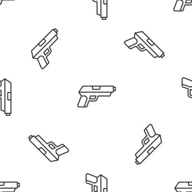 Gri çizgi tabancası ya da silah ikonu beyaz arka planda izole edilmiş pürüzsüz desen. Polis ya da askeri silah. Küçük ateşli silah. Vektör