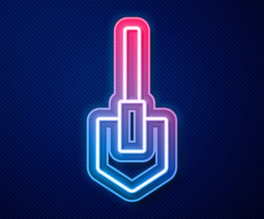 Parlayan neon hattı kürek ikonu mavi arkaplanda izole edildi. Bahçe aletleri. Bahçecilik, tarım, çiftçilik aleti. Vektör