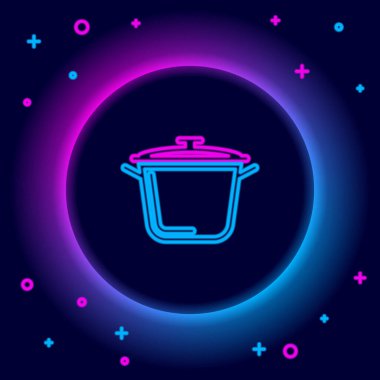 Parlayan neon hattı siyah arka planda izole edilmiş tencere pişirme ikonu. Haşlama ya da güveç besin sembolü. Renkli taslak konsepti. Vektör