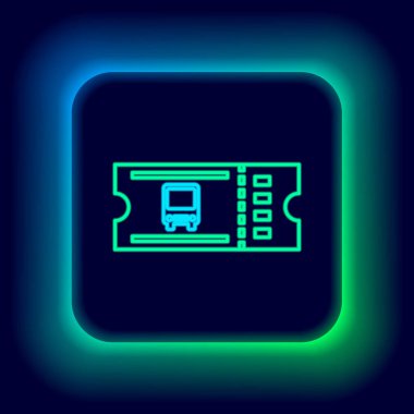 Parlayan neon hattı otobüs bileti simgesi siyah arka planda izole edildi. Toplu taşıma bileti. Renkli taslak konsepti. Vektör