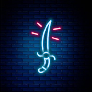 Glowing neon line Arabian saber icon isolated on brick wall background. Colorful outline concept. Vector