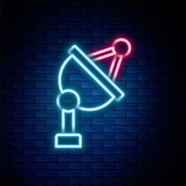 Parlayan neon hattı uydu anteni simgesi tuğla duvar arka planında izole edildi. Radyo anten, astronomi ve uzay araştırması. Renkli taslak konsepti. Vektör