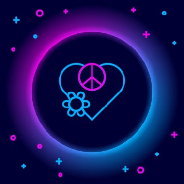 Parlayan neon hattı. Aşk barış simgesi. Siyah arka planda izole edilmiş. Hippi barış sembolü. Renkli taslak konsepti. Vektör