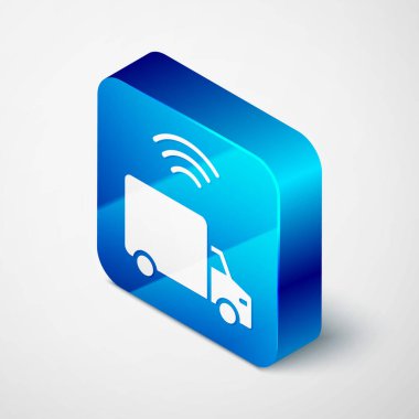 Isometric Smart delivery cargo truck vehicle with wireless connection icon isolated on grey background. Blue square button. Vector.