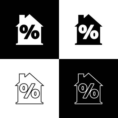 Siyah ve beyaz arkaplanda izole edilmiş indirimli etiket simgesine sahip House 'u ayarla. Emlak evi. Kredi yüzdesi sembolü. Vektör.