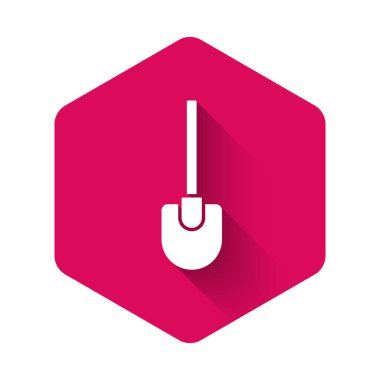 White Shovel icon isolated with long shadow. Gardening tool. Tool for horticulture, agriculture, farming. Pink hexagon button. Vector.