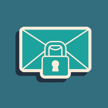 Green Mail message lock password icon isolated on green background. Envelope with padlock. Private, security, secure, protection, privacy. Long shadow style. Vector.