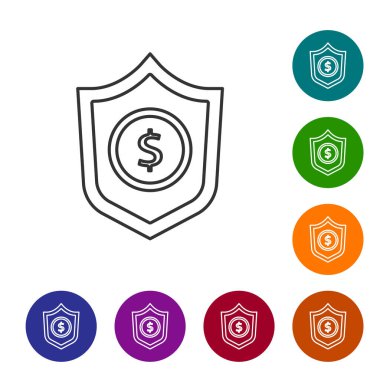 Black line Shield with dollar symbol icon isolated on white background. Security shield protection. Money security concept. Set icons in color circle buttons. Vector..