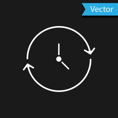 Siyah arkaplanda beyaz saat simgesi izole edildi. Zaman sembolü. Vektör.