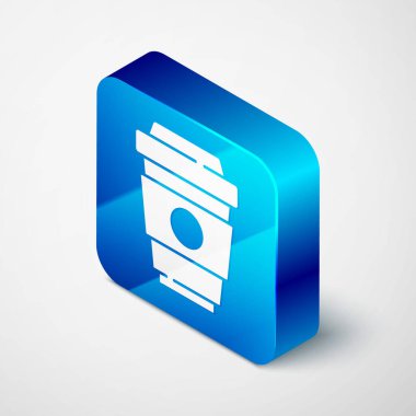 Gri arka planda izole edilmiş ikon haline getirmek için Isometric kahve fincanı. Mavi kare düğme. Vektör.