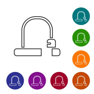 Black line Bicycle lock U shaped industrial icon isolated on white background. Set icons in color circle buttons. Vector.