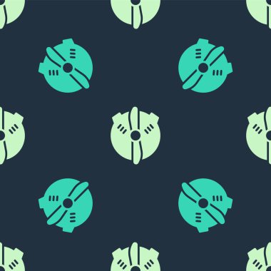 Green and beige Plane propeller icon isolated seamless pattern on blue background. Vintage aircraft propeller.  Vector