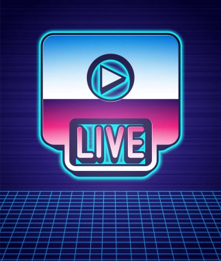 Retro style Live streaming online videogame play icon isolated futuristic landscape background. 80s fashion party. Vector