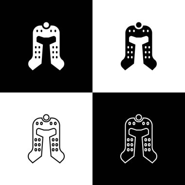 Ortaçağ demir miğferini siyah ve beyaz arka planda izole edilmiş kafa koruma ikonu olarak ayarla. Vektör