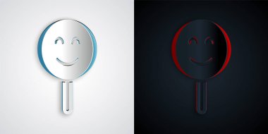 Paper cut Smile face icon isolated on grey and black background. Smiling emoticon. Happy smiley chat symbol. Paper art style. Vector