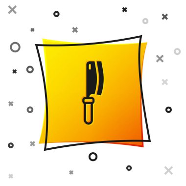 Black Meat chopper icon isolated on white background. Kitchen knife for meat. Butcher knife. Yellow square button. Vector