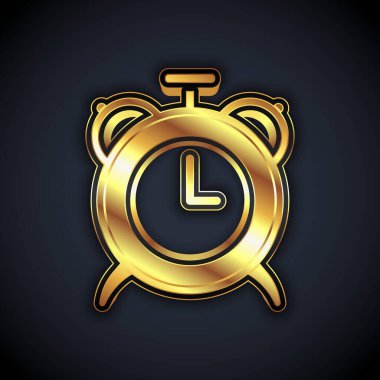 Altın Alarm saat simgesi siyah arkaplanda izole edildi. Uyan, kalk konsepti. Zaman işareti. Vektör