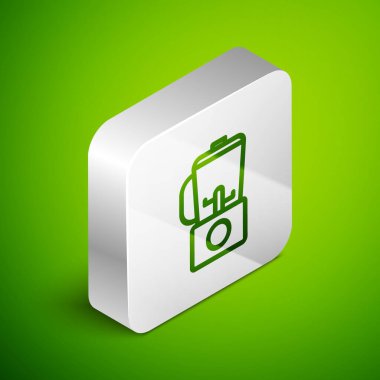 Isometric line Blender icon isolated on green background. Kitchen electric stationary blender with bowl. Cooking smoothies, cocktail or juice. Silver square button. Vector Illustration.