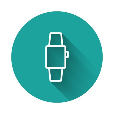 White line Smartwatch icon isolated with long shadow. Green circle button. Vector.