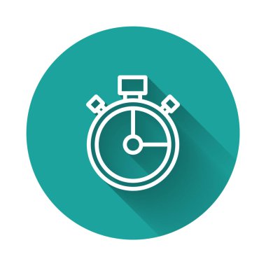 Beyaz çizgi Stopwatch simgesi uzun gölgeli izole edildi. Zaman göstergesi. Kronometre işareti. Yeşil daire düğmesi. Vektör.