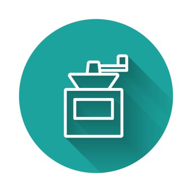 Beyaz çizgi Manuel kahve öğütücü ikonu uzun gölgeli izole edilmiş. Yeşil daire düğmesi. Vektör.