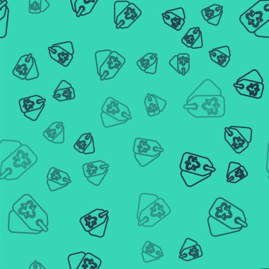 Black line Tag with recycle symbol icon isolated seamless pattern on green background. Banner, label, tag, logo, sticker for eco green.  Vector.