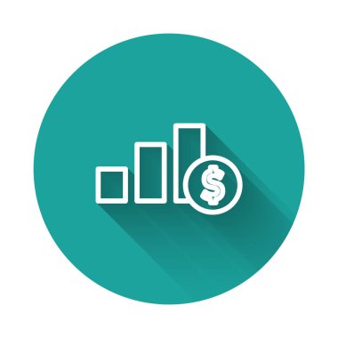 Beyaz çizgi pasta grafiği ve dolar sembolü uzun gölgeli izole edilmiş. Diyagram çizelgesi. Yeşil daire düğmesi. Vektör.