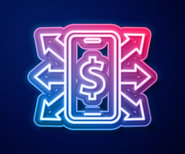 Mavi arkaplanda dolar sembolü olan parlak neon hattı Smartphone. İnternetten alışveriş konsepti. Finansal cep telefonu simgesi. Çevrimiçi ödeme. Vektör