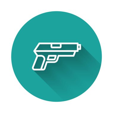 Beyaz çizgi tabanca ya da silah ikonu uzun gölge arkaplan izole. Polis ya da askeri silah. Küçük ateşli silah. Yeşil daire düğmesi. Vektör