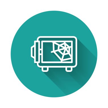 Beyaz çizgi Güvenli simgesi uzun gölge arkaplanı ile izole edildi. Kapı, şifreli bir banka kasası. Güvenilir Veri Koruma. Yeşil daire düğmesi. Vektör