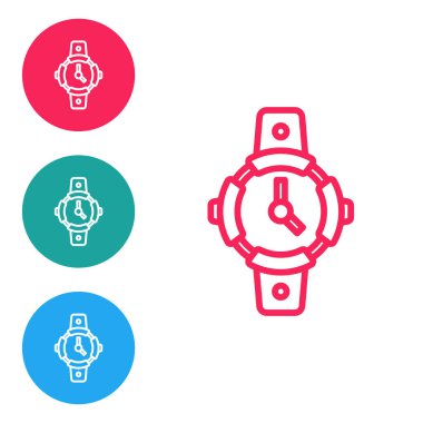 Kırmızı çizgi dalış ikonu beyaz arkaplanda izole edildi. Su altı ekipmanları. Simgeleri daire düğmelerine ayır. Vektör