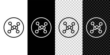 Set line Chemical formula icon isolated on black and white, transparent background. Abstract hexagon for innovation medicine, health, research and science.  Vector