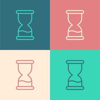 Pop sanat serisi. Renkli arka planda kum ikonu olan eski kum saati. Kum saati işareti. İş ve zaman yönetimi kavramı. Vektör