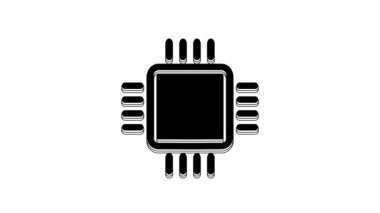 Beyaz zemin üzerinde mikro devre işlemci simgesi olan siyah bilgisayar işlemcisi. Devre kartlı çip ya da işlemci. Mikro işlemci. 4K Video hareketli grafik canlandırması.