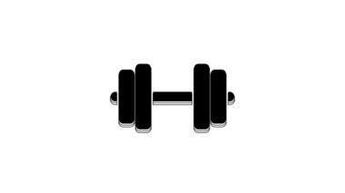 Black Dumbbell icon isolated on white background. Muscle lifting, fitness barbell, gym, sports equipment symbol, exercise bumbbell. 4K Video motion graphic animation.