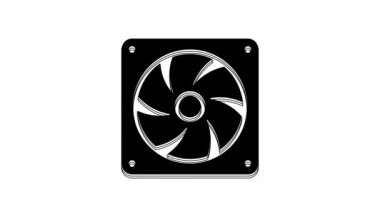 Siyah Bilgisayar soğutucu simgesi beyaz arkaplanda izole edildi. Bilgisayar donanım pervanesi. 4K Video hareketli grafik canlandırması.