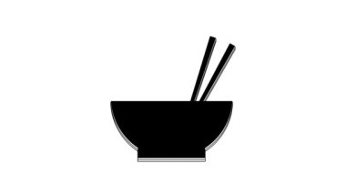 Black Bowl with asian food and pair of chopsticks silhouette icon isolated on white background. Concept of prepare, eastern diet. 4K Video motion graphic animation.