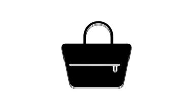 Beyaz arkaplanda siyah çanta simgesi izole edildi. Kadın el çantası işareti. Glamour günlük bagaj sembolü. 4K Video hareketli grafik canlandırması.