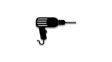 Black Drill machine icon isolated on white background. 4K Video motion graphic animation.