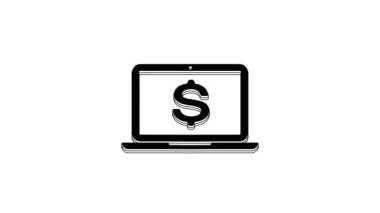 Black Laptop with dollar symbol icon isolated on white background. Online shopping concept. Economy concept. 4K Video motion graphic animation.