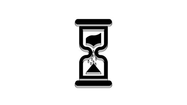 白い背景に流れる砂のアイコンと黒の古い砂時計 砂時計の看板 ビジネスと時間管理の概念 4Kビデオモーショングラフィックアニメーション — ストック動画