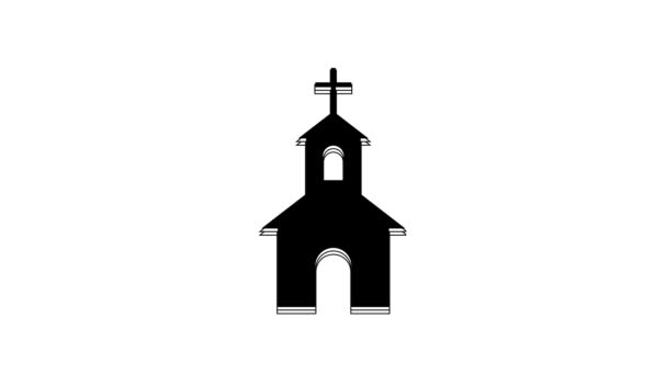 白い背景に隔離された黒い教会の建物のアイコン キリスト教会 教会の宗教 4Kビデオモーショングラフィックアニメーション — ストック動画