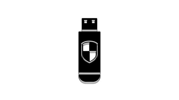 白い背景に隔離された黒いUsbフラッシュドライブと保護シールドアイコン 4Kビデオモーショングラフィックアニメーション — ストック動画