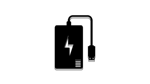 Black Power Bank Different Charge Cable Icon Isolated White Fone — стоковое видео